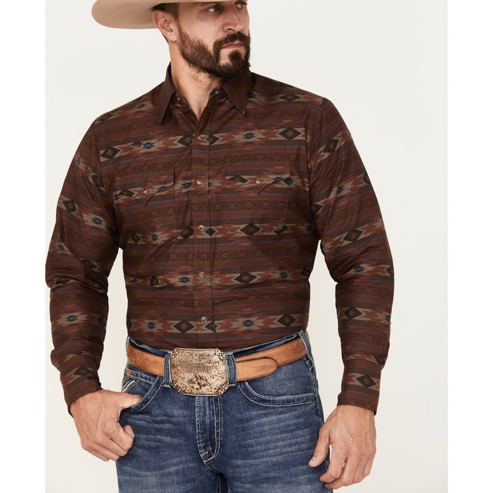 ELY WALKER MEN'S SOUTHWESTERN PRINT LONG SLEEVE SNAP WESTERN SHIRT